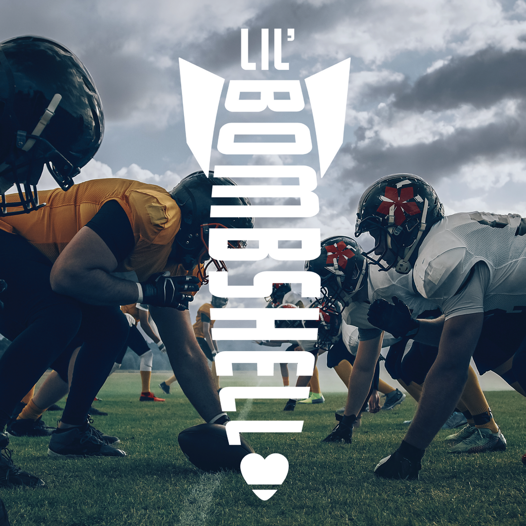 American football players in a line formation on a field with 'Lil' Bomchel' branding.
