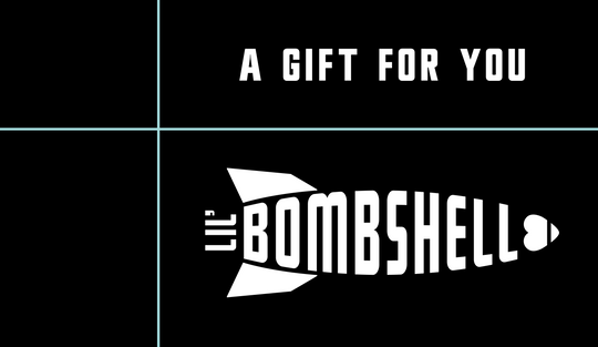 Gift card with blue lines, white Lil Bombshell logo on a black background, and white text that says A Gift For You