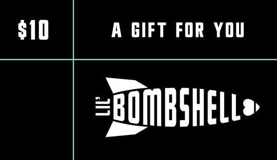$10 Gift card with blue lines, white Lil Bombshell logo on a black background, and white text that says A Gift For You