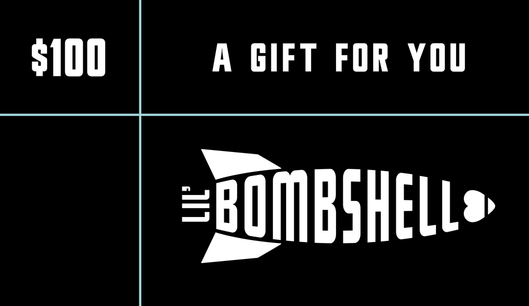 $100 Gift card with blue lines, white Lil Bombshell logo on a black background, and white text that says A Gift For You