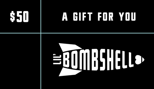 $50 Gift card with blue lines, white Lil Bombshell logo on a black background, and white text that says A Gift For You