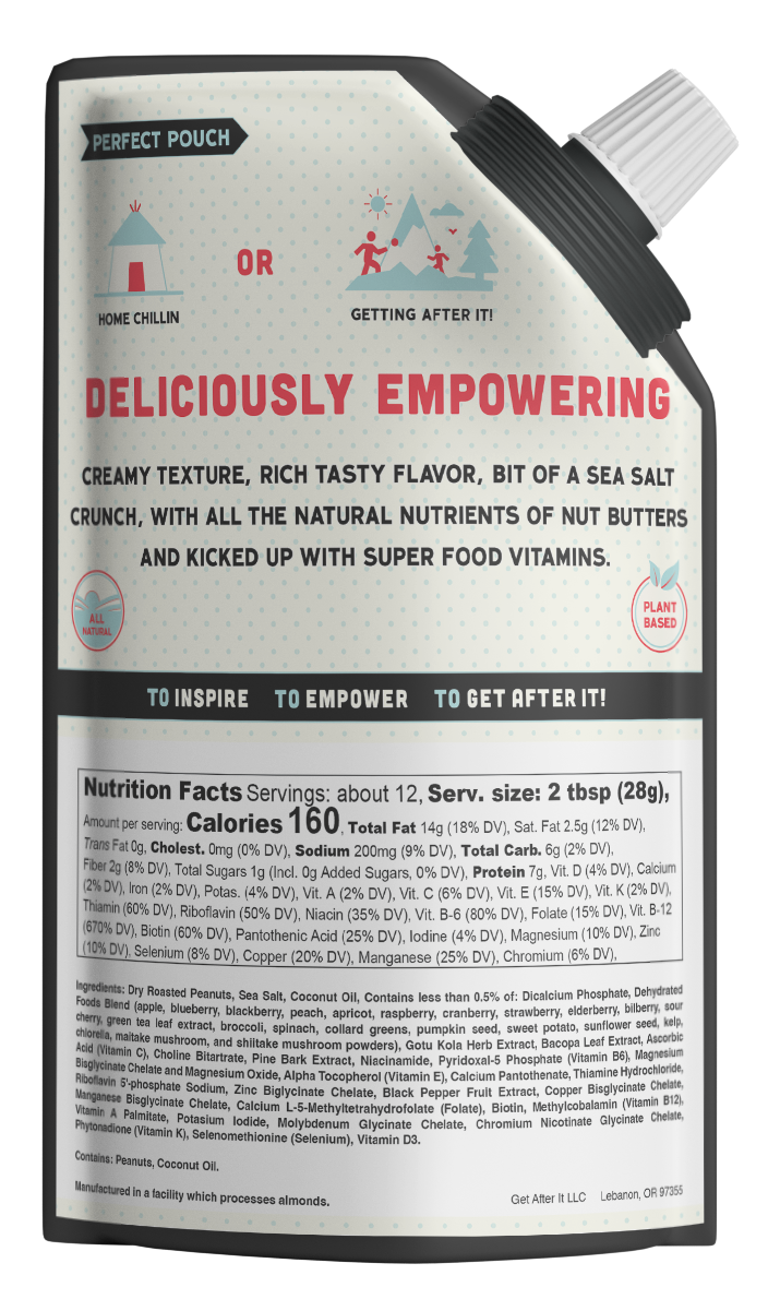 The back package of Lil' Bombshell Peanut Butter, which is the perfect pouch to be home chillin or getting after it. Deliciously empowering creamy texture, rich tasty flavor, bit of sea salt crunch with all the natural nutrients of nut butters and kicked up with super food vitamins. Plant Based. All Natural. To inspire. To empower. To get after it!