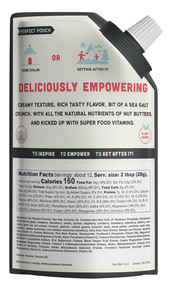 The back package of Lil' Bombshell Peanut Butter, which is the perfect pouch to be home chillin or getting after it. Deliciously empowering creamy texture, rich tasty flavor, bit of sea salt crunch with all the natural nutrients of nut butters and kicked up with super food vitamins. Plant Based. All Natural. To inspire. To empower. To get after it!