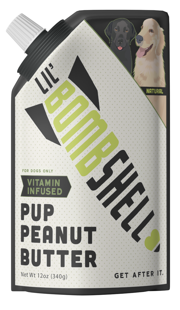 A package of Pup Peanut Butter dog food featuring an image of a dog and a bottle design with the product name and details.