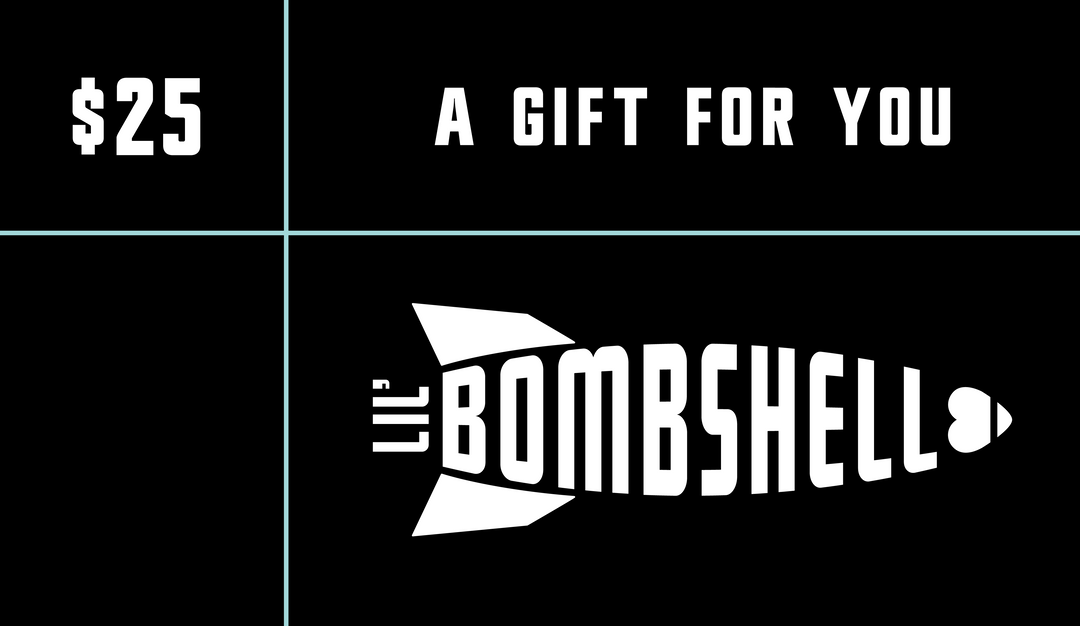$25 Gift card with blue lines, white Lil Bombshell logo on a black background, and white text that says A Gift For You
